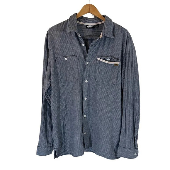 Vans Mens Button Up Shirt Large Blue White Striped Front Pocket Logo 100% Cotton - Picture 1 of 8